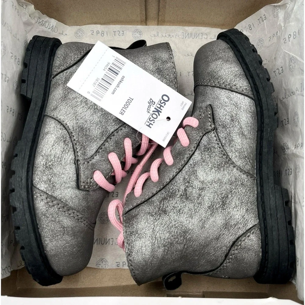 OshKosh B'Gosh Toddler Girls Ankle Fashion Boots Size 8 Gray Rose Pink Lace Up